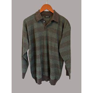 Barneys New York Striped Green & Brown Merino Wool Pullover Sweater L Made In It